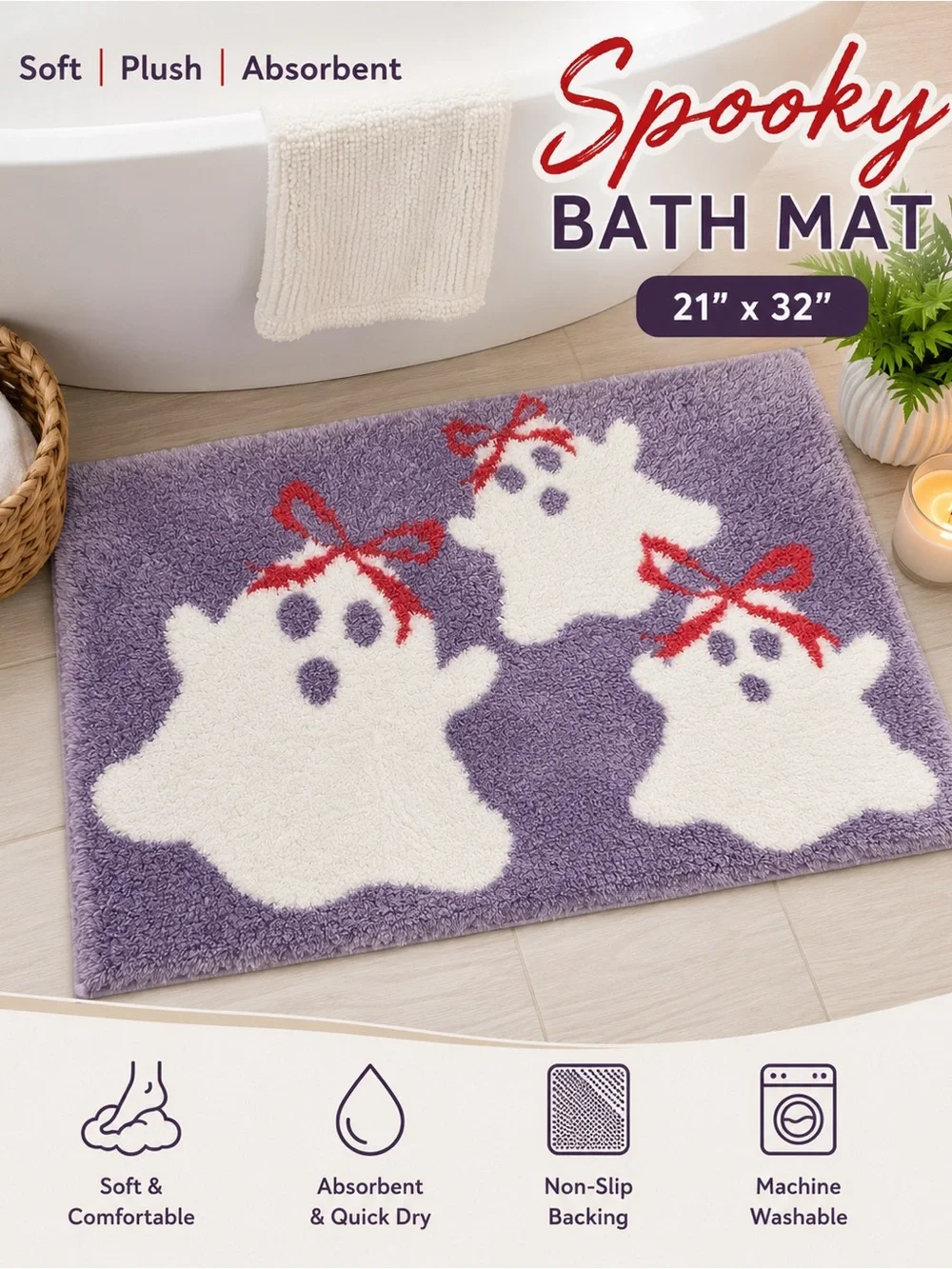 Spooky Ghost Plush Bath Mat - Purple & White